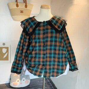 Vintage Plaid Ruffle Collar Blouse Cottagecore